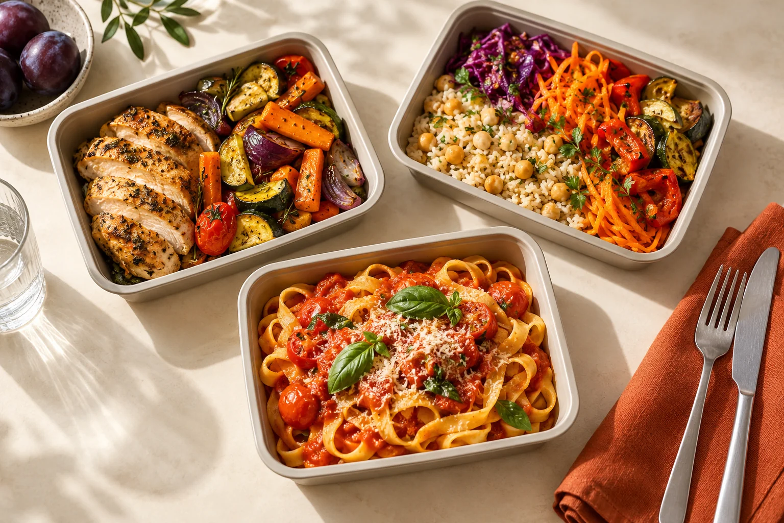Imagen ilustrativa de viandas variadas con vegetales, pollo y pastas